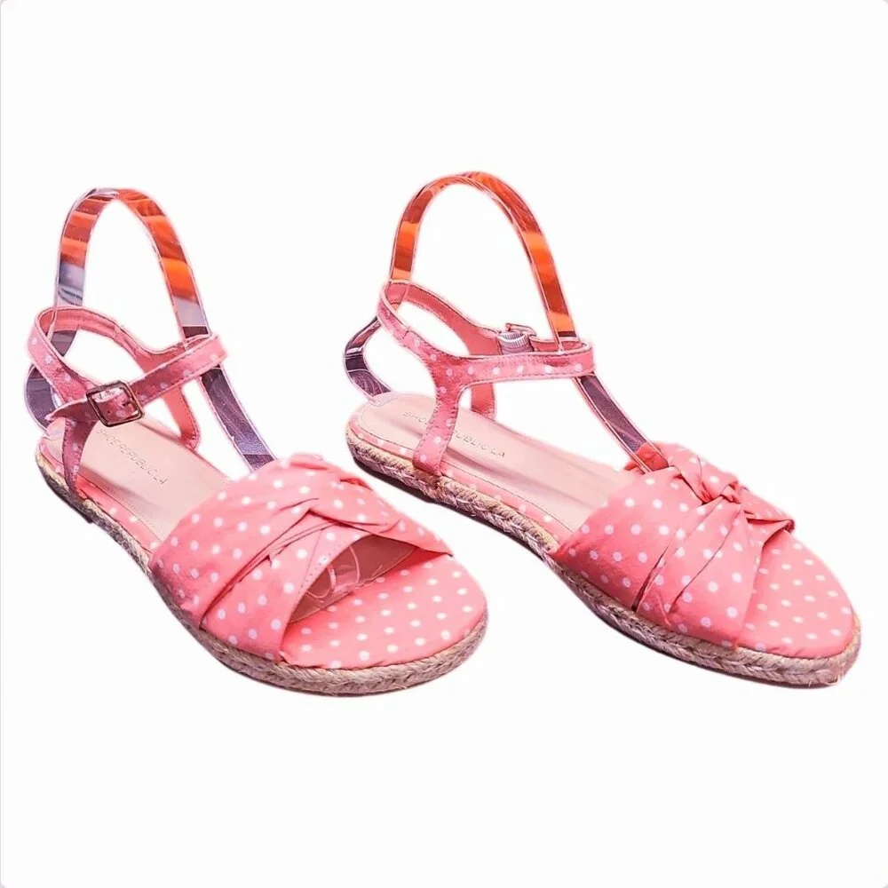 Polka Dot Blush Espadrille Sandals With Bow & Adjustable Ankle Strap - Casual Su - Picture 2 of 7